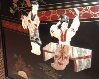 Hanging Black Lacquered Asian Motif Headboard W/ Hardstone Elements