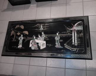 Black Lacquered Glass Top Coffee Table W/ Asian Motif