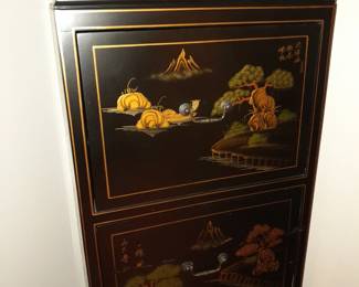 Tall Black Lacquered Asian Motif Dresser