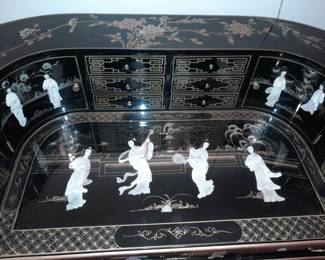 STUNNING Black Lacquered Asian Motif Desk W/ Gold Painted Details & Hardstone Figures