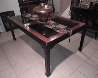 Black & Brown Glass Top Asian Style Dining Room Table & Chairs