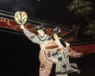 Hanging Black Lacquered Asian Motif Headboard W/ Hardstone Elements