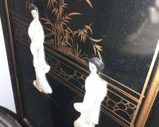 Black Lacquered Tall Asian Cabinet W/ Light, Door, & Hardstone Elements