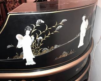 STUNNING Black Lacquered Asian Motif Desk W/ Gold Painted Details & Hardstone Figures