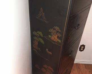 Tall Black Lacquered Asian Motif Dresser