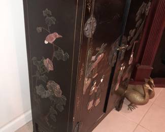 Black Lacquered Asian Motif 2 Door Cabinet