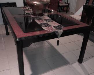 Black & Brown Glass Top Asian Style Dining Room Table & Chairs