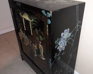 Asian Black Lacquered 2 Door Cabinet W/ Hardstone Figures