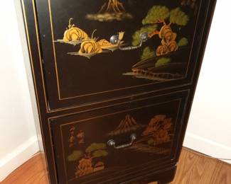 Tall Black Lacquered Asian Motif Dresser