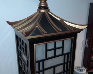 Black Lacquered Tall Asian Cabinet W/ Light, Door, & Hardstone Elements
