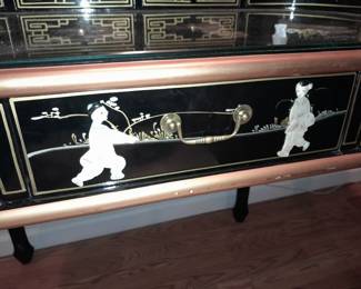 STUNNING Black Lacquered Asian Motif Desk W/ Gold Painted Details & Hardstone Figures