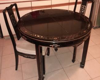 Black & Gold Asian Style Round Dining Table W/ Chairs