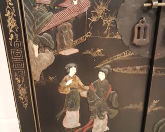 Black Lacquered Asian Motif 2 Door Cabinet