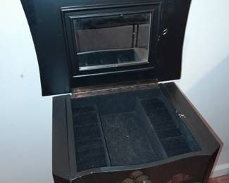 Black Lacquered Asian Jewelry Chest Of Drawers Cabinet W/ Gold Details