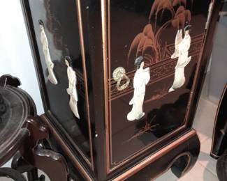 Black Lacquered Tall Asian Cabinet W/ Light, Door, & Hardstone Elements