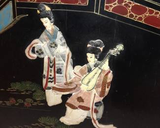 Hanging Black Lacquered Asian Motif Headboard W/ Hardstone Elements