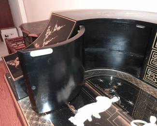 STUNNING Black Lacquered Asian Motif Desk W/ Gold Painted Details & Hardstone Figures