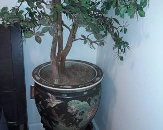 Faux Tree In Asian Planter On Black Pedestal Base