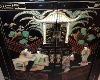 Asian Black Lacquered 2 Door Cabinet W/ Hardstone Figures