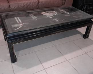 Black Lacquered Glass Top Coffee Table W/ Asian Motif