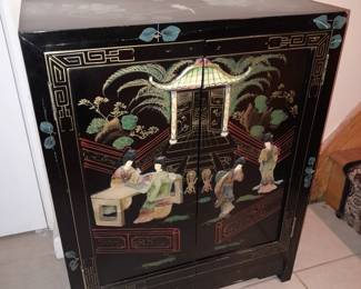 Asian Black Lacquered 2 Door Cabinet W/ Hardstone Figures