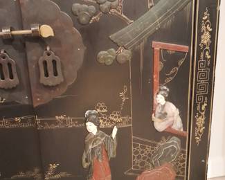 Black Lacquered Asian Motif 2 Door Cabinet