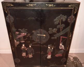 Black Lacquered Asian Motif 2 Door Cabinet
