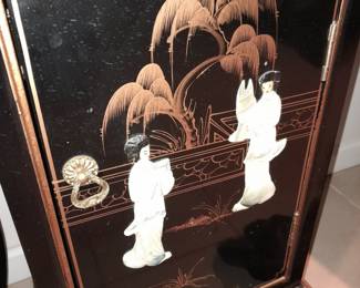 Black Lacquered Tall Asian Cabinet W/ Light, Door, & Hardstone Elements