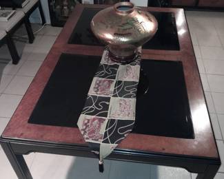 Black & Brown Glass Top Asian Style Dining Room Table & Chairs