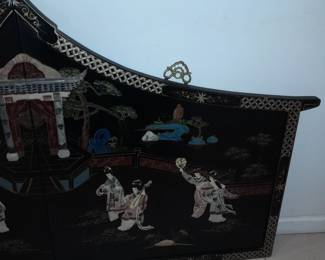 Hanging Black Lacquered Asian Motif Headboard W/ Hardstone Elements