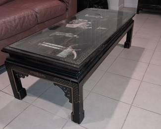 Black Lacquered Glass Top Coffee Table W/ Asian Motif