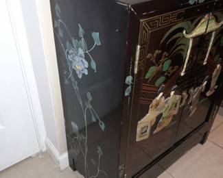Asian Black Lacquered 2 Door Cabinet W/ Hardstone Figures