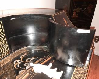STUNNING Black Lacquered Asian Motif Desk W/ Gold Painted Details & Hardstone Figures