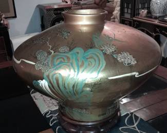 Oversized Gold Painted Asian Motif Vase/Bowl