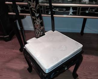 STUNNING Black Lacquered Asian Motif Desk W/ Gold Painted Details & Hardstone Figures