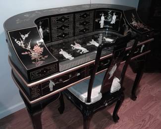 STUNNING Black Lacquered Asian Motif Desk W/ Gold Painted Details & Hardstone Figures