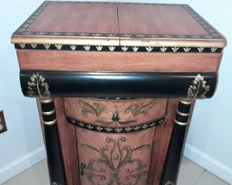 Brown Single Door Cabinet W/ Black & Gold Painted Details & Expanding Top