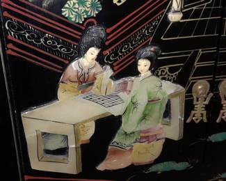 Asian Black Lacquered 2 Door Cabinet W/ Hardstone Figures