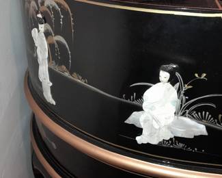 STUNNING Black Lacquered Asian Motif Desk W/ Gold Painted Details & Hardstone Figures