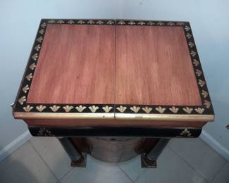 Brown Single Door Cabinet W/ Black & Gold Painted Details & Expanding Top