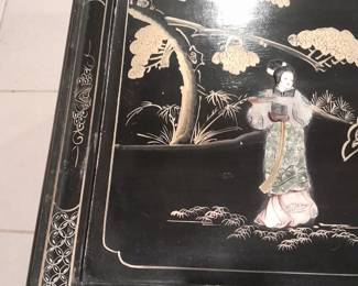 Black Lacquered Glass Top Coffee Table W/ Asian Motif