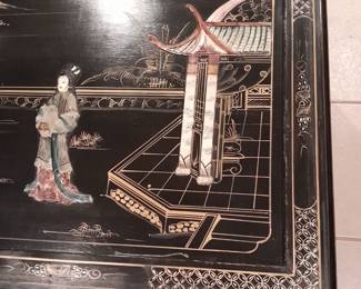 Black Lacquered Glass Top Coffee Table W/ Asian Motif
