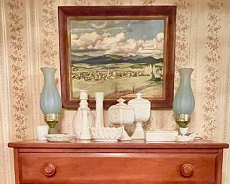 Milk Glass pieces 
2 matching Pale Blue to Aqua Satin glass hurricane Boudoir lamps. 