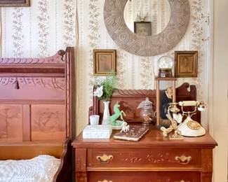 Vintage Unicorn figurines and snow globe, Vintage phone, Antique Deer Antler rack