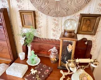 Vintage Unicorn figurines, vintage fabric covered journal, milk glass trinket box, vase and hobnail votive. 