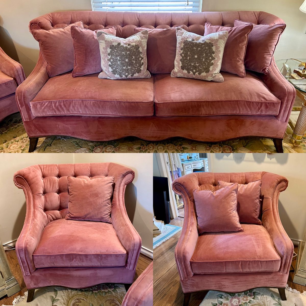 Gorgeous Mauve Velvet Sofa & Chairs Purchased from Hemispheres