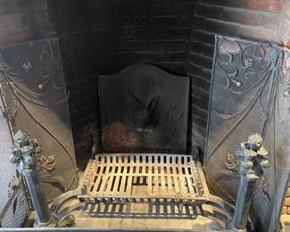 Large Iron Andirons, Fireplace Fender, 4 Panel Firescreen, and Fox Head Fireback 