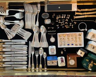 Christofle "Cluny" Flatware, Gold & Sterling Cufflinks, Costume Cufflinks, Watch Bands, 14k Cartier Collar Bar, Baume & Mercier Tachymetre Chronograph, Cartier Santos Watch, E. Howard Pocket Watch