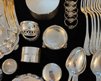 .800 Silver Salt Cellar, Georgian Sterling Salt Cellar, Sterling Napkin Rings, Round Sterling Box(Set of 5 Sterling Napkins Rings by Forks have been Removed)