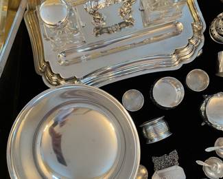 Cobb Silverplate Inkstand, Gorham Sterling Revere Bowl, Sterling Salt Cellars, and Napkin Rings